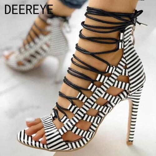 Zebra Snake Printing Women Pumps High Heel Sandals Sexy Cross Lace Up Strap Hollow Out Round Toe Female Shoes Large Size 34-43