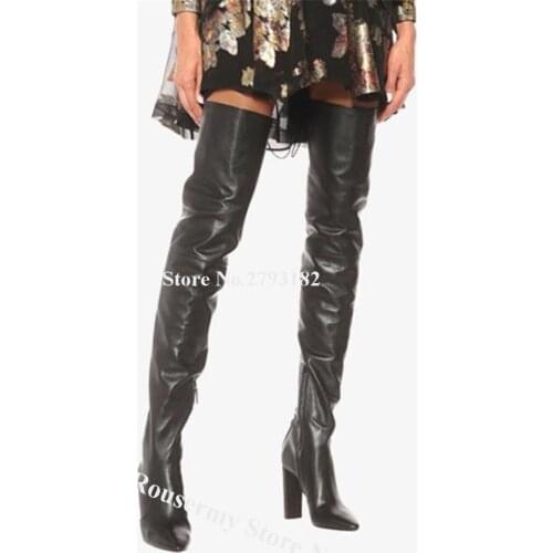Women Sexy Pointed Toe Over Knee Chunky Heel Boots Black Leather Back Lace-up Thigh Long Thick HIgh Heel Boots Slim Boots