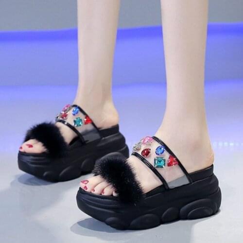 Summer The New Fashion Thick Bottom Maomao Women Sandals and Slippers Transparent Sequins Leisure Outside Wedges 9cm High Heels