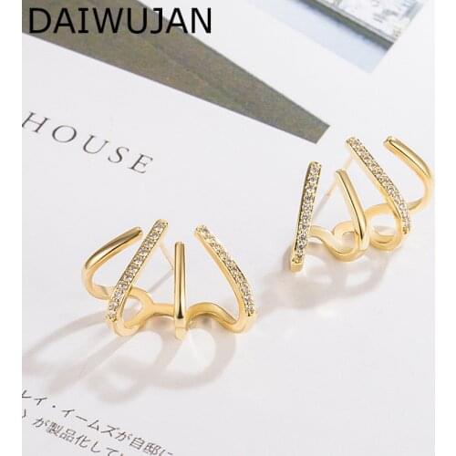 DAIWUJAN Fashion Personality 18K Gold Geometric Stud Earrings For Women Korean Zircon Climber Earring Female 925 Silver Jewelry