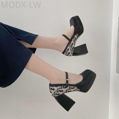 Platform high heels casual thick heels 2021 spring hot sale new Mary Jane fashion black female comfortable square heel shoes
