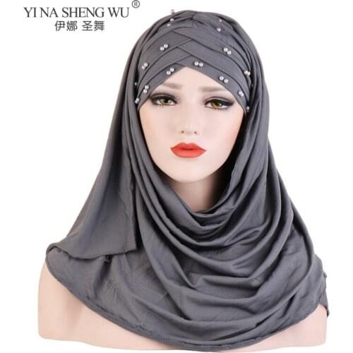 Women Fashion Muslim Scarf Plain Hijabswith Bead Shawls And Wraps Femme Musulman Hijabs Ready To Wear Turban Women Head Scarves