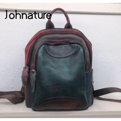 Johnature Genuine Leather Backpack 2021 New First Layer Cowhide Women Bag Random Color Stitching Casual Large Capacity Backpacks