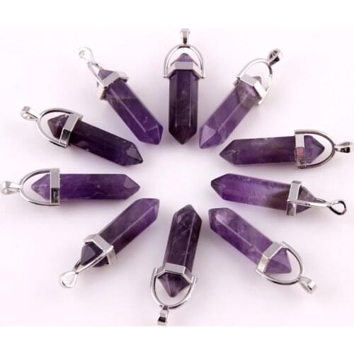 10pcs Natural Mixed Gems Stone Point Hexagonal Purple Crystal Jewelry Accessories Statement Women Necklaces Pendants Free pouch