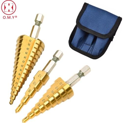 3pc Hss Titanium Coated Drill Bits Step Drill Bits Cone Metal Hole Cutter 4-12/20/32mm Hex Tapered Metal Drill Bits Power Tools