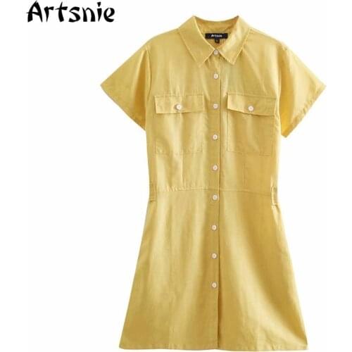 Artsnie Summer 2021 High Waist Short A Line Dress Women Turn Down Collar Short Sleeve Pockets Yellow Mini Dresses Vestidos