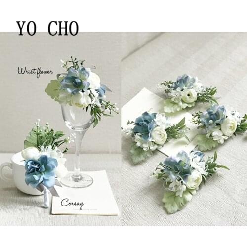 White Blue Boutonniere Buttonhole Rose Wedding Corsages and Brooch Silk Corsage Bracelet Flowers Boutonniere Pin Bracelet