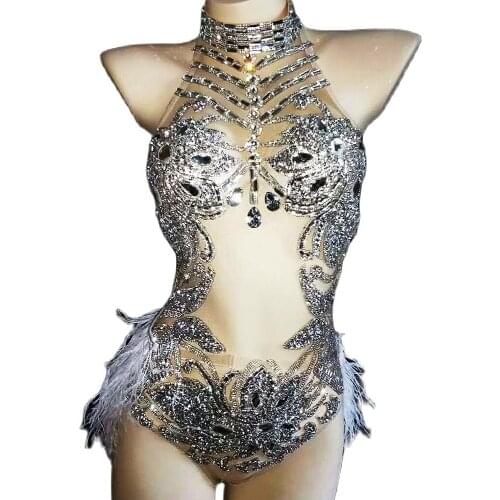 Shining Rhinestone Women Sleeveless Women Bodysuits Singer Stage Wear White Feather Short Romper Gloves Evening Prom Outfit