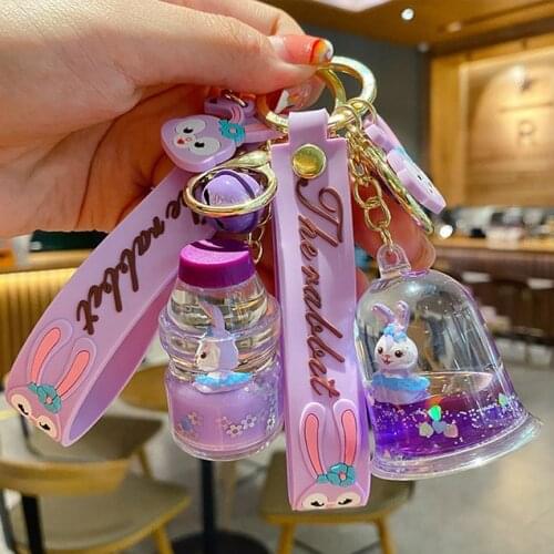 Disney StellaLou Liquid Flowers Series Keychain Creative Cartoon Acrylic Cute Rabbit Bag Pendant Car Key Chain Accessories Gifts