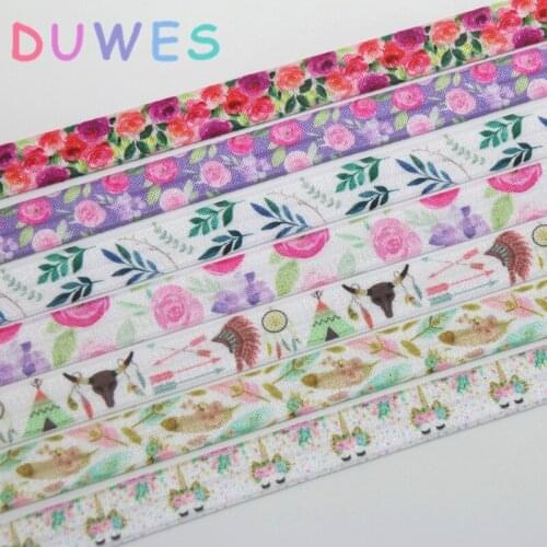 DUWES 5/8'' 50yards tribal floral leaf unicorn printed Fold Elastic FOE stretch ribbon hairbow headwear headband DIY OEM D1068