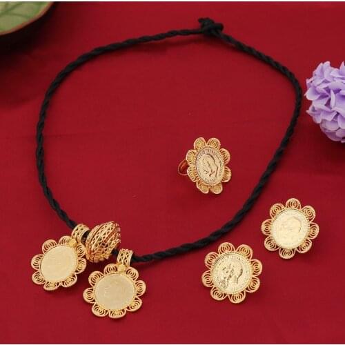 Ethiopian Big Coin Portrait Pendant Necklace Earring RingJewelry Gold G/F African Eritrea Habesha Jewelry Sets