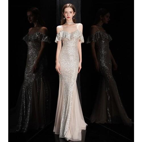 Elegant Sling Sequisn Applique Mermaid Evening Dress Cheongsam Back Zipper Prom Fomail Gown Vestidos De Noche