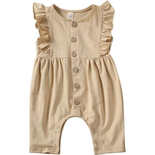 Emmababy Newborn Infant Baby Girl Clothes Sleeveless Button Ruffles Romper Jumpsuit Solid Color Lovely Outfit