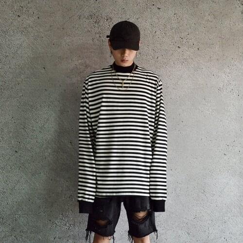 European and American high street fashion brand OVERSIZE loose long-sleeved striped T-shirt Justin Bieber the same T-shirt male