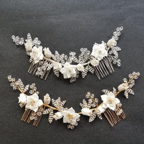 SLBRIDAL Handmade Crystal Rhinestone Pearls Ceramic Flower Bridal Hair Comb Wedding Hair Accessories Bridesmaids Women Jewelry