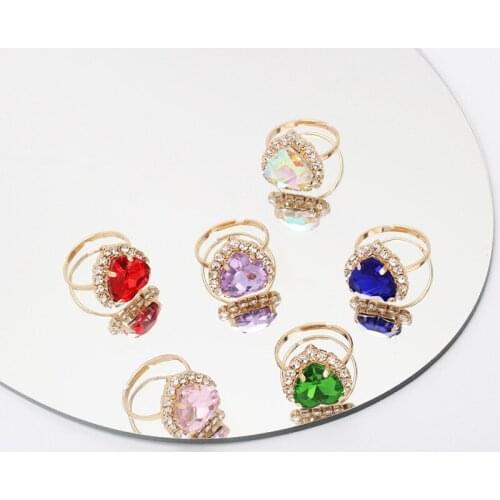 Minar Dainty Multicolor Crystal Charm Rings for Women Bling Bling Love Heart Rhinestone Adjusting Open Ring Wedding Accessories