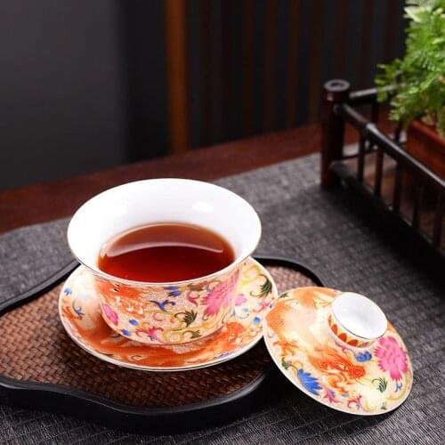 Ceramic Phoenix Gaiwan Tea Set Jingdezhen Color Enamel Tea Cup with Lid Saucer Bone China Tea Bowl Dragon Auspicious Tea Tureen