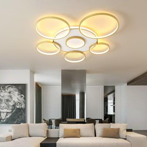 Modern 3/5/6 Rings LED Chandelier Wooden&Aluminum Lamp For Living Room Dining Room Study Bedroom Hall Home Indoor Lighting