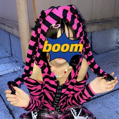 Kawaii Pink Black Striped Hoodie Japanese Harajuku Girl Sweet Print T-shirts Long Sleeve Women Cute Rabbit Ears Hooded Tops Goth