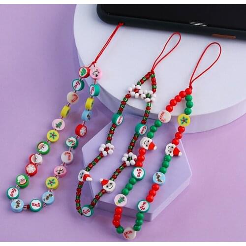 Cute Christmas Mobile Phone Strap Lanyard for Women Anti-Lost Pottery Beads Phone Chains Rope for Cell Phone Case Hanging Cord