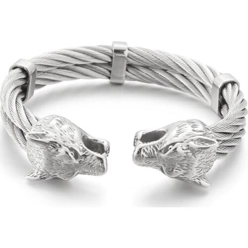 Mens Adjustable Bracelet Stainless Steel Twisted Cable Cuff Bangle with Vintage Biker Wolf Head End 86g Inner 12mm 65mm