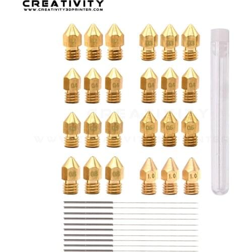 24 PCS MK8 V6 Nozzle Set Cleaning Needle M6 Brass Extruder 0.2 0.3 0.4 0.5 0.6 0.8 1.0 1.2mm Hotend Nozzle Fit 1.75mm 3D Printer