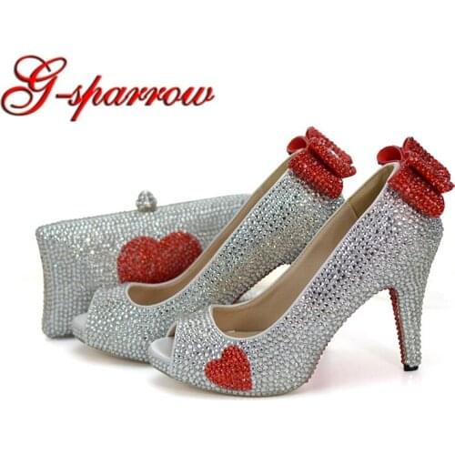 New Customized Silver with Heart Shape Red Rhinestone Wedding Shoes Peep Toe Cinderella Prom Party Pumps with Matching Purse