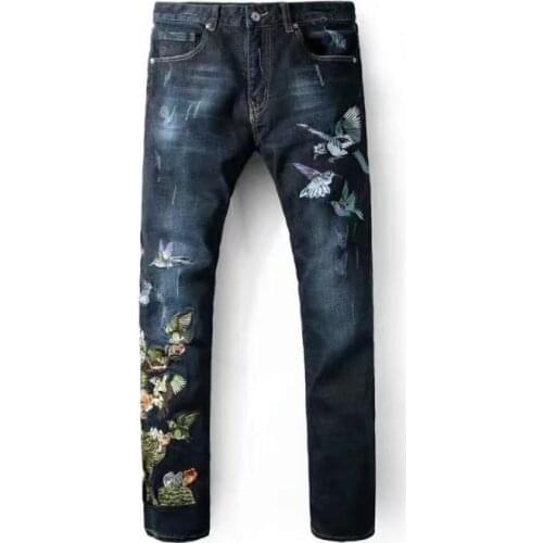 New mens male fashion casual trousers Jeans blue embroidery European and American style denim pants