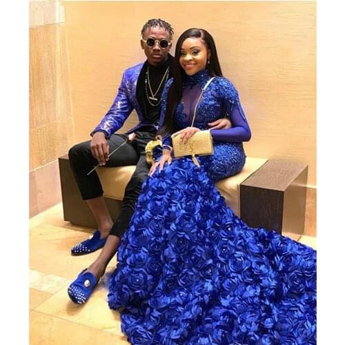 Royal Blue Prom Dresses Mermaid Long Sleeve Appliques Formal Pageant Holidays Wear Graduation Evening Party Gowns Plus Size