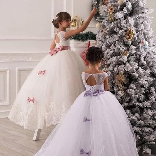 Flower Girl Dress Fluffy Sleeveless White Lace Applique Formal Pageant Bridesmaid Wedding Communion Party Prom Dresses