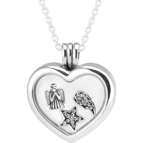 QANDOCCI Heart Floating Locket Pendant Necklace with 3 Parts 925 Sterling-Silver-Jewelry