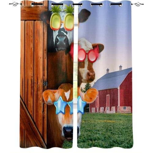 Farm Animal Cow Sunglasses Fence Curtains For Living Room Bedroom Window Treatment Blinds Finished Drapes Kitchen Curtains