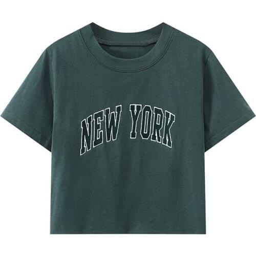 Slim Girls Soft Cotton Vintage T-shirt 2021 Summer Fashion Ladies Office O Neck Women Embroidered Dark Green Crop Top