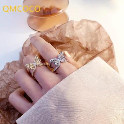 QMCOCO 925 Silver Geometric Butterfly Vintage Open Adjustable Zircon Ring Simple Trendy Fine Jewelry For Women Party Gift