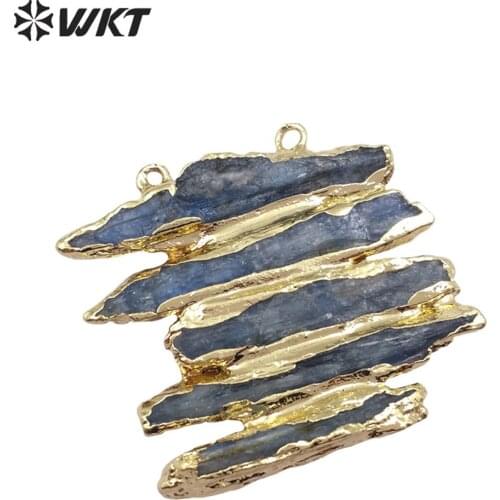 WT-P1370 Wholesale Custom Natural Rough blue kyanite stone pendants With Charm Pendant With Gold Trim Fashion Jewelry Making