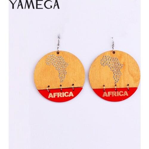YAMEGA Big Round Natural Wooden Earrings Brown Dangle Rhinestone Earrings Ethnic Africa Map Drop Earrings For Women New Arrival