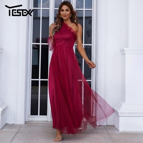Yesexy 2021 Women Evening Maxi Dresses Sexy Summer Party Vestidos Elegant Mesh One Shoulder Backless Wedding Long Dress Wine