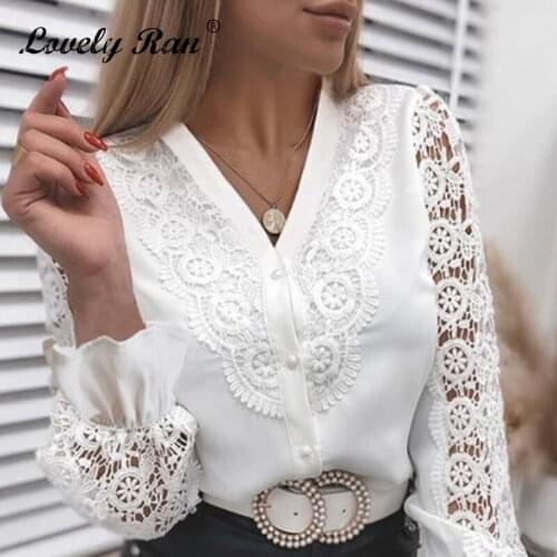 2021 Lace See Through Patchwork Women Shirt V-Neck Single Breasted Long Sleeve Female Shirts Casual Elegant Office Ladies Tops