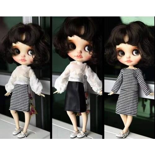 1/6 BJD Accessories Classic Puff Long Sleeve Shirt Top Leather Skirt for Blythe Doll Outfits Houndstooth Clothes Set for Blyth