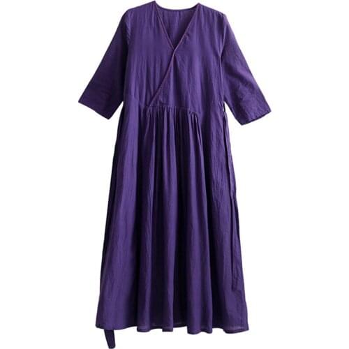 2021 Spring Summer Literary Womens Clothing Cotton Linen V-neck Hand-embroidered Big Swing Dress With Belt 140B