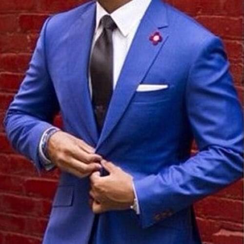 2021 Custom Made Peaked Lapel Classic Royal Blue Tuxedos Groom Wedding Prom Suits Groomsmen Best Man Suit (Jacket+Pants+Tie)
