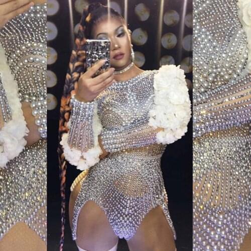 Women Sexy Luxury Pearls Rhinestones Flower Sleeve Bodysuit Singer Performance Stage Jazz Dance Costume Birthday Party Club Wear