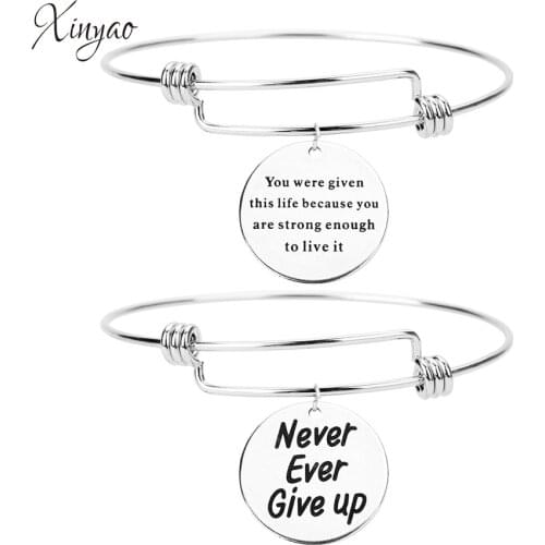 XINYAO 14 Styles Stainless Steel Round Charm Bracelet Bangles For Women Adjustable Wire Bangle Engraved Inspirational Jewelry