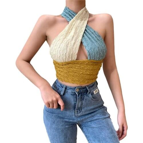 Xingqing Color Block Backless Halter Bra Corset Top Deep V Neck Sexy Sleeveless Crop Top Summer Tank Tops Tees Summer Beach Tops