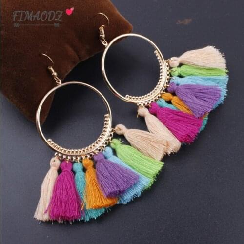 FIMAODZ Bohemia Big Tassel Earrings for Women Geometric Round Colorful Tassel Drop Earring Wedding Fashion Jewelry