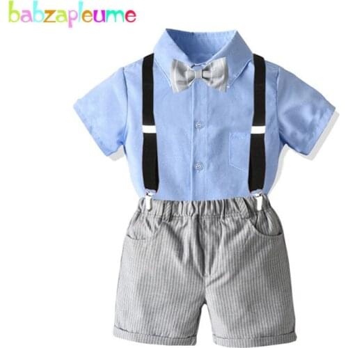 4PCS Summer Toddler Boys Clothes Kids Set Fashion Casual Gentleman Cotton Shirt+Shorts+Straps+Tie Baby Boutique Outfits BC1842-1