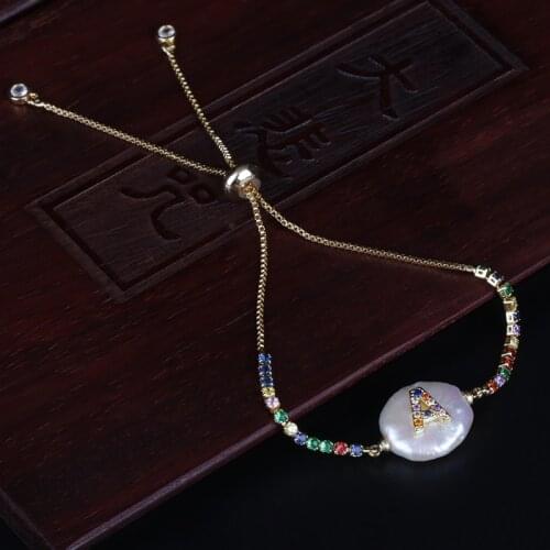 Hot Sale Colorful Rainbow CZ Initial 26 Alphabet Letter Name Charm Freshwater Coin Pearl Rainbow Gold Bracelets For Women Girl