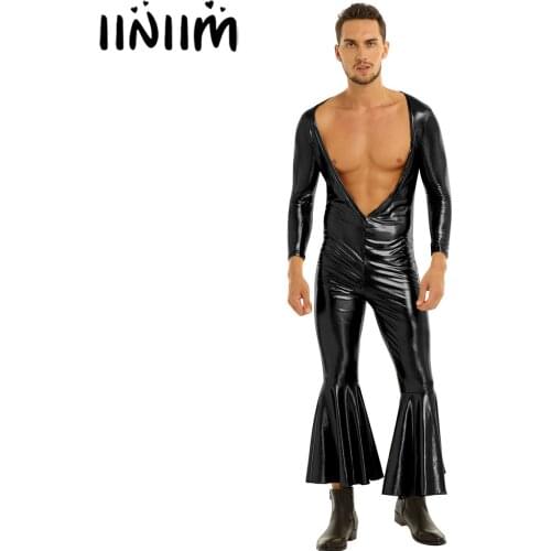 Iiniim Mens Shiny Sexy Night Clubwear Open Chest Bell Bottom Flare Leotard Bodysuit Bodybuilding Evening Party Dancing Costumes