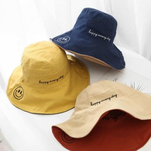 Smile Reversible Large Brim Bucket Hat With String Summer Beach Fishing Cap Summer Fishermen Panama Wide Brim Men Sun Hat Sunhat