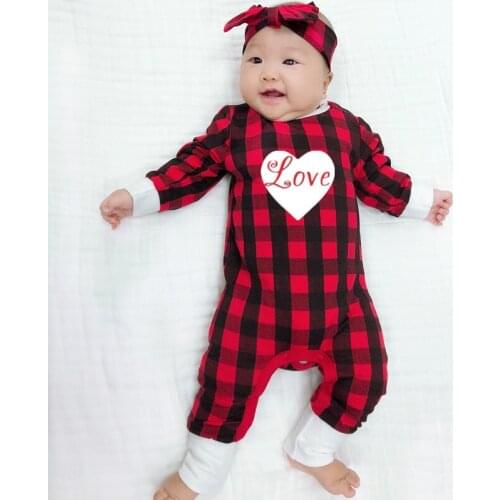 Baby Girls Boys Christmas Romper Newborn Red Plaid Love Heart Jumpsuit Toddler Cotton Pajamas Juamper 2021 New Arrive 30